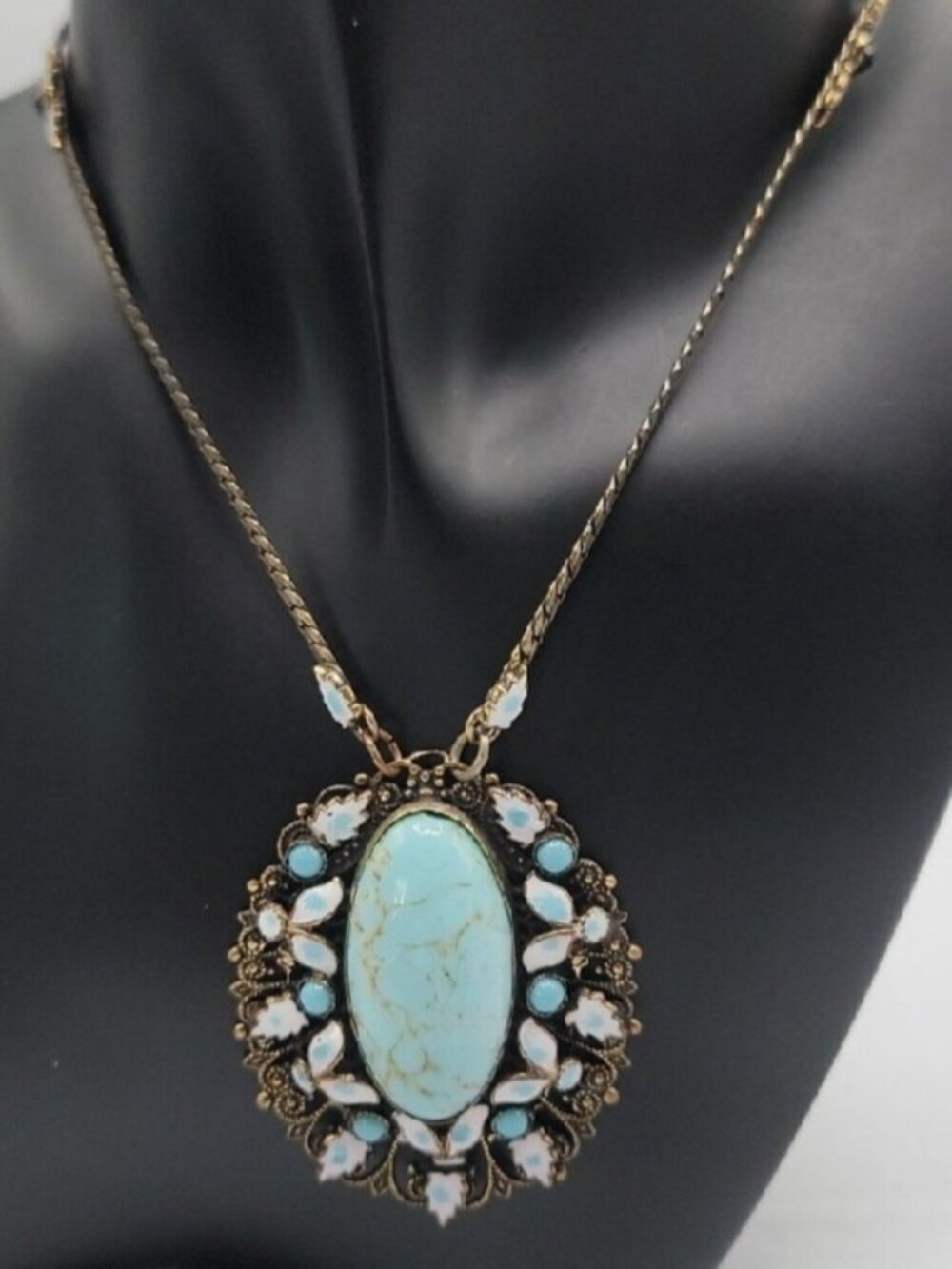 Max Neiger Czech Blue Hubble Glass Necklace Antique 1920s Art Deco 25" Enamel - Picture 1 of 10